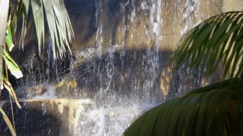 Water cascading over stone steps with palm leaves in the foreground, captur.. Stock Footage 286014004