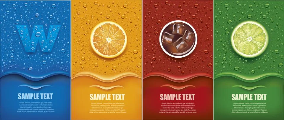 Water, cola drinks background with drops, orange, lime slice Stock Illustration