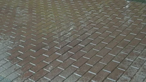 Water collects in the gaps of brick pavement after a light rain, showing the Stock Footage 344667859