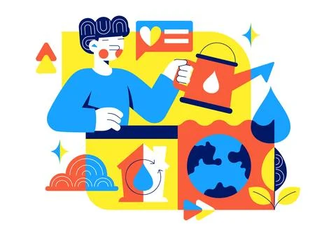 Water Conservation Awareness Vector Illustration Featuring Sustainable Usag.. Stock Illustration