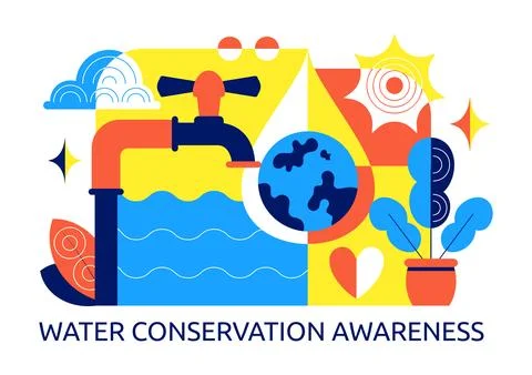 Water Conservation Awareness Vector Illustration Featuring Sustainable Usag.. Stock Illustration