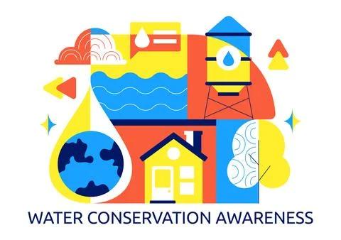 Water Conservation Awareness Vector Illustration Featuring Sustainable Usag.. Stock Illustration