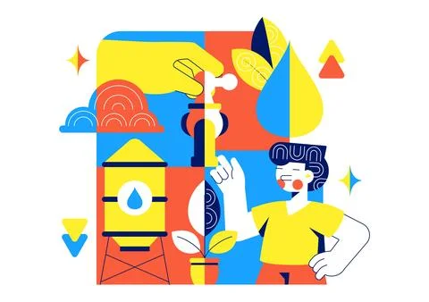 Water Conservation Awareness Vector Illustration Featuring Sustainable Usag.. Ilustración de archivo