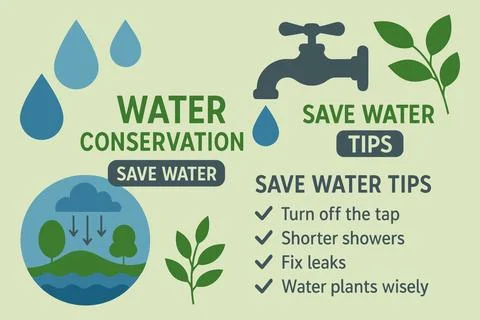 Water conservation tips for saving water and protecting the environment Illustrazione stock