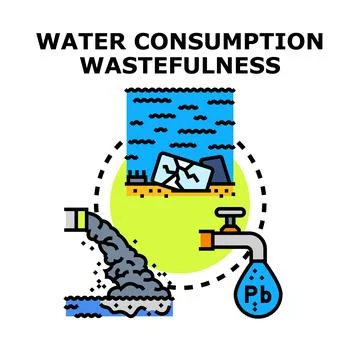 Water consumption wastefulness causing environmental pollution and resource.. Stock Illustration