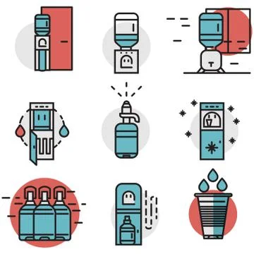 Water cooler flat line colored vector icons Stock Illustration