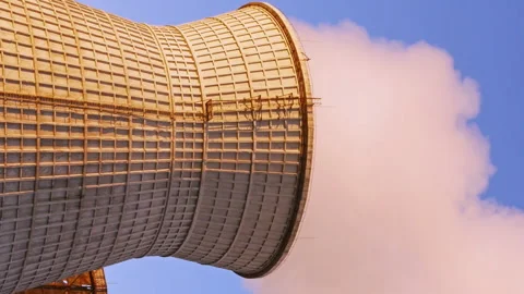 Water cooling tower stack smoke over blue sky Stock Footage 91163973
