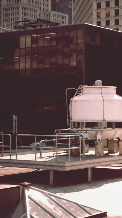Water cooling tower on top of a building in a city during the day Stock Footage 340263129