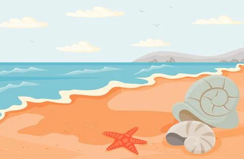 Water covers sandy beach with starfish and seashells. Seascape with salty water Stock Illustration