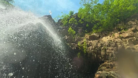 Water crashes down rocky cliff face. Vucjanka Canyon, Serbia Stock Footage 341128168