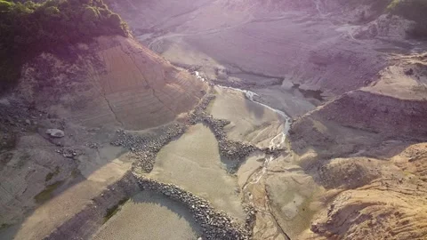 Water Dam Completely Dried Up, Dry Season - Aerial Footage Video stock 246291113