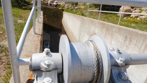 Water dam control cable winch mechanism Stock Footage 114746722