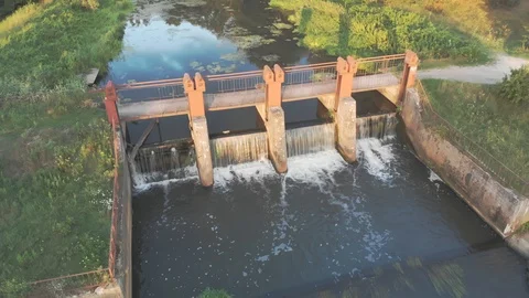 Water dam on a small river Stock Footage
