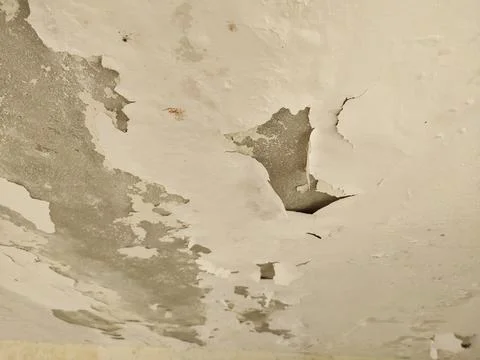 Water damage to a ceiling, characterized by paint peeling, bubbling, and flaking Stock Photos