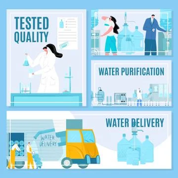 Water delivery and purification process vector illustration banners set. Testing Stock Illustration