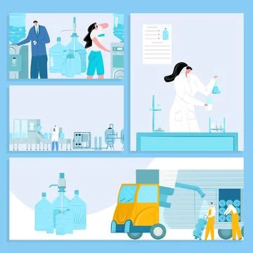 Water delivery and purification process vector illustration banners set. Testing Stock Illustration