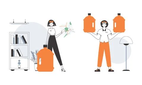 Water delivery concept. The guy and the girl deliver water to the house. Li.. Illustrazione stock