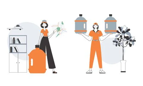 Water delivery concept. The guy and the girl deliver water to the house. Li.. Illustrazione stock
