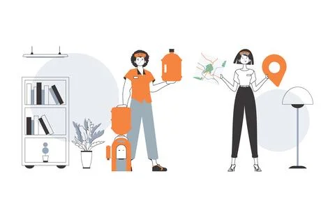 Water delivery concept. The guy and the girl deliver water to the house. Li.. Illustrazione stock