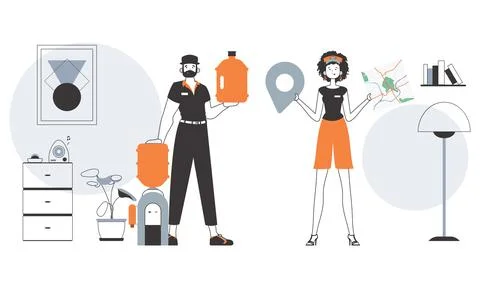 Water delivery concept. The guy and the girl deliver water to the house. Li.. Illustrazione stock