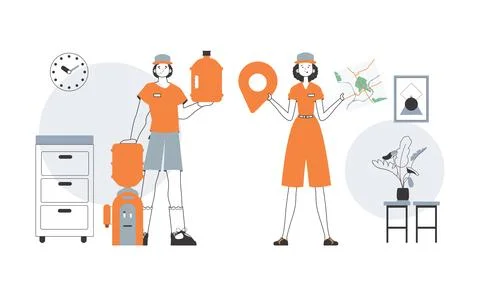 Water delivery concept. The guy and the girl deliver water to the office. L.. Illustrazione stock