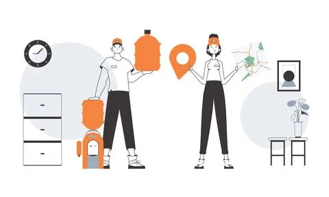 Water delivery concept. The guy and the girl deliver water to the office. L.. Illustrazione stock