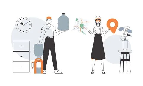 Water delivery concept. A guy and a girl deliver water on order. Linear tre.. Illustrazione stock