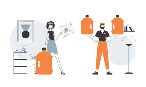 Water delivery concept. A guy and a girl deliver water on order. Lineart styl Illustrazione stock