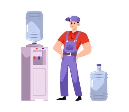 Water delivery courier changes cooler bottle, flat vector illustration isolated Stock Illustration