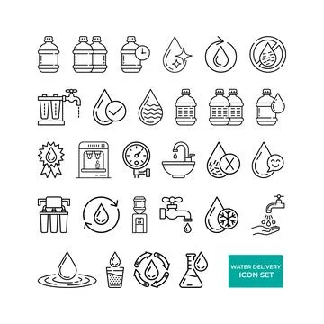 Water Delivery Icon Set Featuring Bottles, Taps, and Filters Illustrazione stock