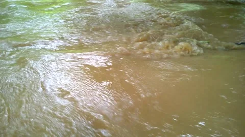 The water in a dirty brown stream flows fast, WATER in a rain season Stock Footage 203831809