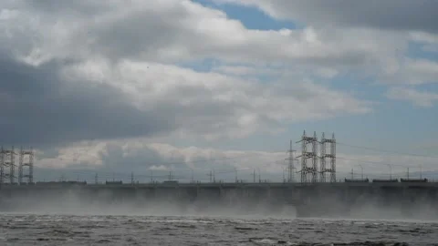 Water discharge to hydroelectric power stations across the Volga River Stock Footage 170487953