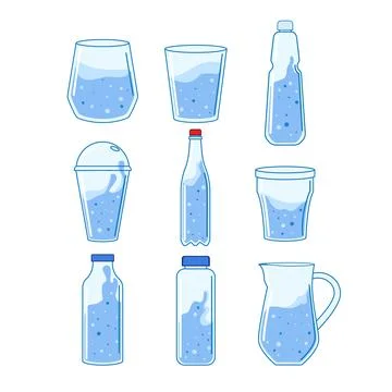 Water drinking containers assortment displaying hydration and health Stock Illustration