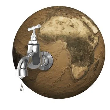 Water dripping from an open tap attached to a dried planet Earth. Isolated on Stock Illustration