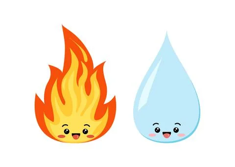 Water drop and fire flame cute emoji character isolated on a white background. Stock Illustration