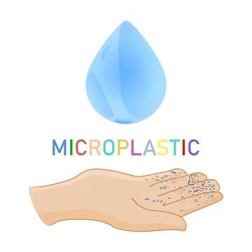 Water drop and hand with microplastic isolated on white background. Stock Illustration