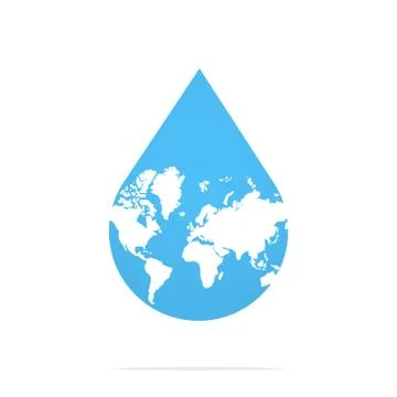Water drop falls, there is a map of the world on the drop. Isolated Vector Stock Illustration