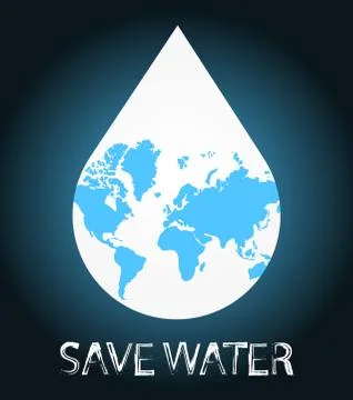 Water drop falls, there is a map of the world on the drop. Save water text, v Stock Illustration