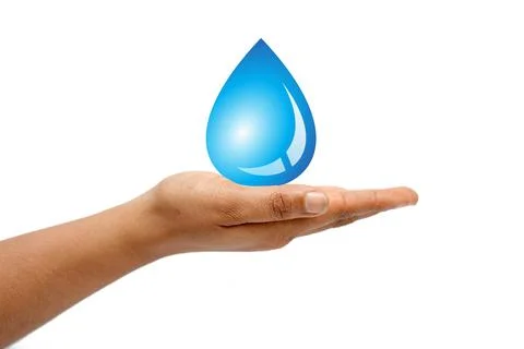 Water drop graphic element in hand on white background. Stock Photos