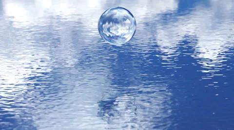 Water drop hits the water surface reflecting blue sky 3D animation Видео 63789316