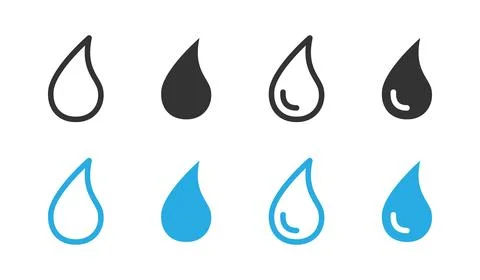 Water drop icon set. Simple liquid droplet shape in outline, solid and colo.. Stock Illustration