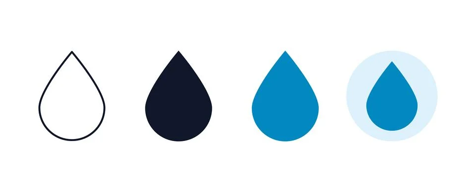 Water drop icon variations featuring linear outline and solid blue fill sty.. Stock Illustration