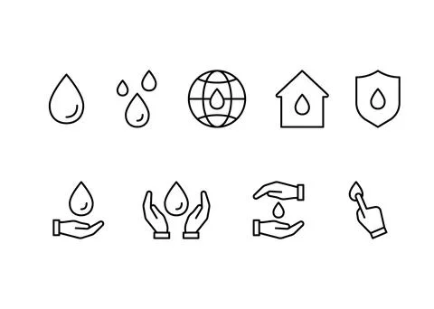 Water drop, line icon set. Safe clean water. Global water supply. Editable Stock Illustration