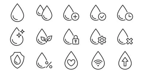 Water drop line icon set. Clear liquid sparkle, waterproof material, eco drink 스톡 일러스트