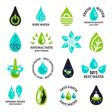 Water drop logo. Liquid splash and pure mineral water symbol, raindrop and co Stock Illustration