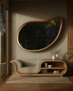 Water drop shape window on living room wall over multifunction bookshelf ta.. Stock Illustration