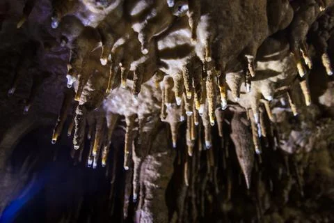 Water drop tip of stalactite Stock Photos
