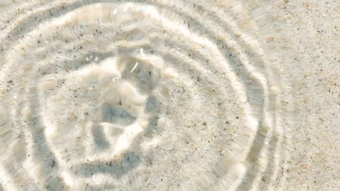 Water droplet impacts sandy surface, forming symmetrical ripple waves. Sunlight Stock Footage 320807068