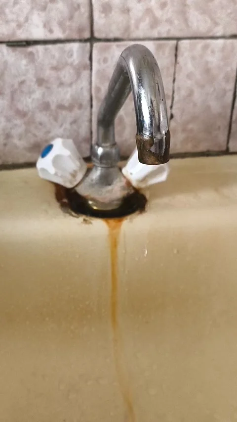 Water droplets drip from an old rusty kitchen faucet in close-up. Lack of Stock Footage 325287344