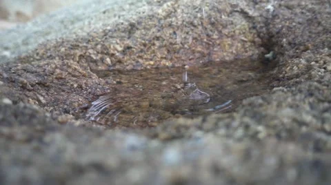 Water droplets drip into a puddle in a stone. Slow motion Stock Footage 66761132